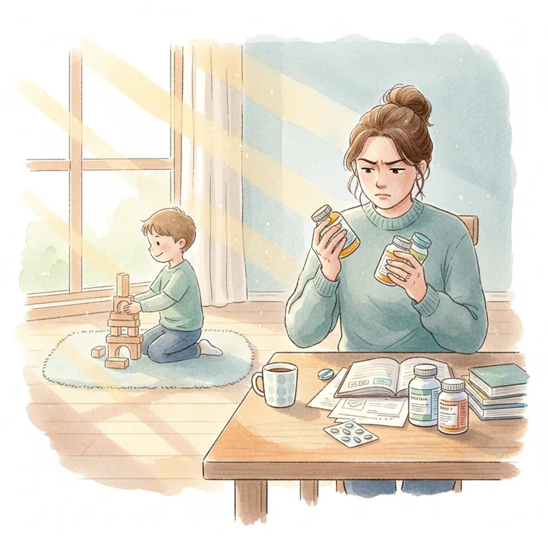 A kitchen table scene showing a frustrated mother reading supplement labels while her child plays quietly in the background, warm morning light coming through the window.
