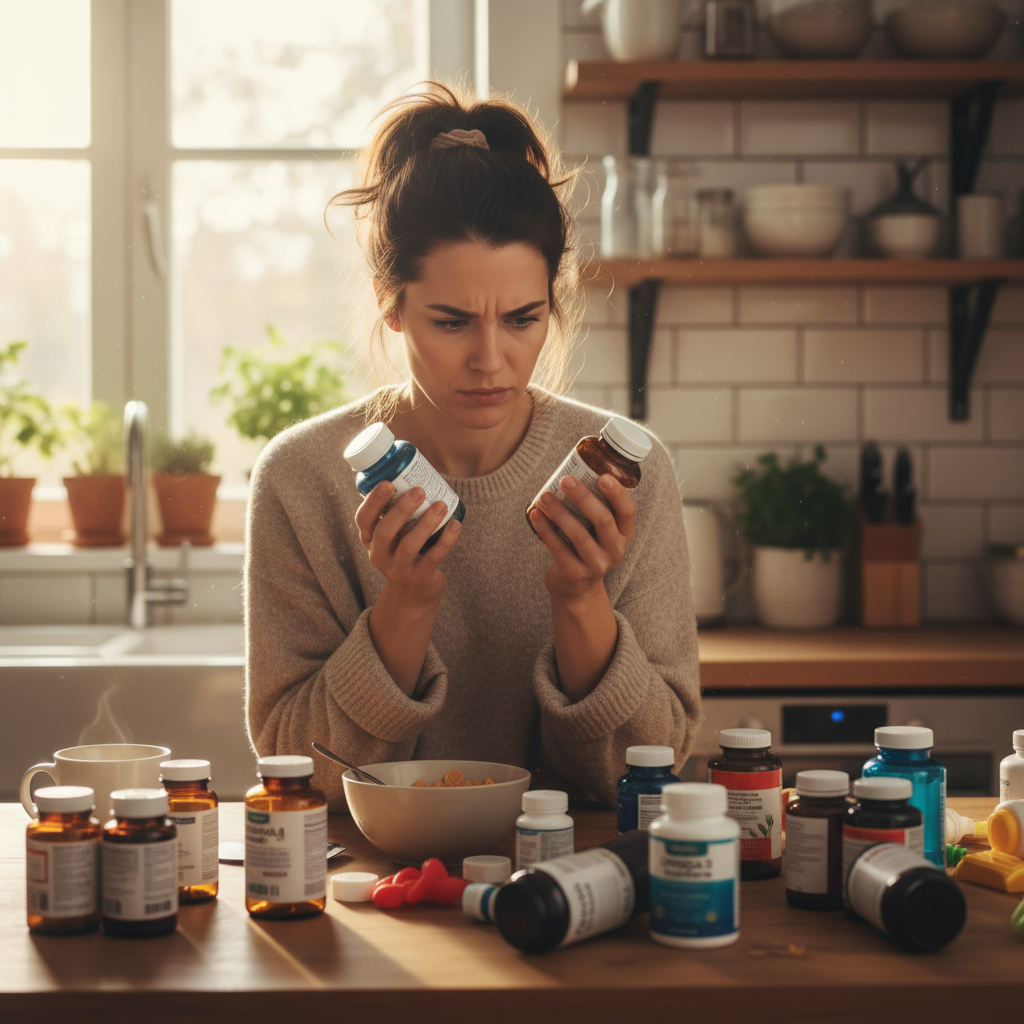 Mother looking at omega-3 supplement bottles with confused expression