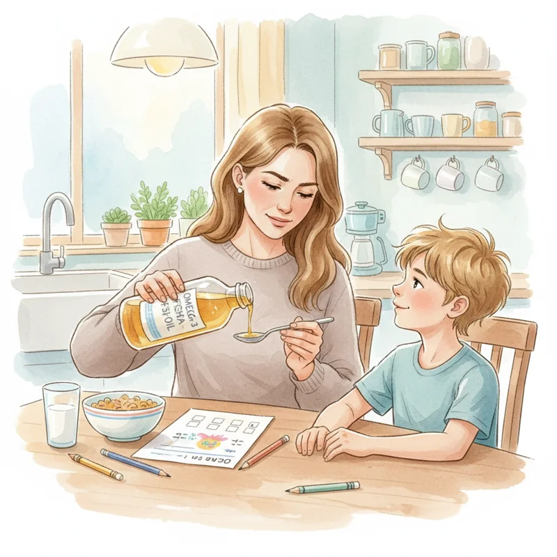 A warm, softly lit kitchen scene showing a mother carefully measuring liquid fish oil from a large bottle into a small spoon, her elementary-school-age son sitting at the table with a school worksheet in front of him, both looking relaxed and unhurried.