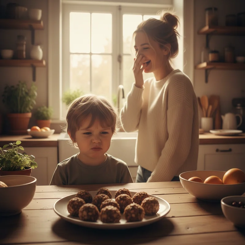Child making a disgusted face while looking at a plate of homemade energy balls, with mom laughing in the background in a warm, bright kitchen setting.