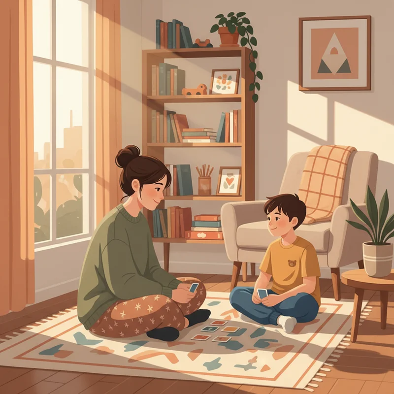 A mother and her young son, maybe age 7-8, sitting cross-legged on a living room floor facing each other, playing a simple card game together. Both are smiling softly. Warm afternoon light. Cozy, lived-in home. No phones, no screens. The mood is quiet connection after a hard day.