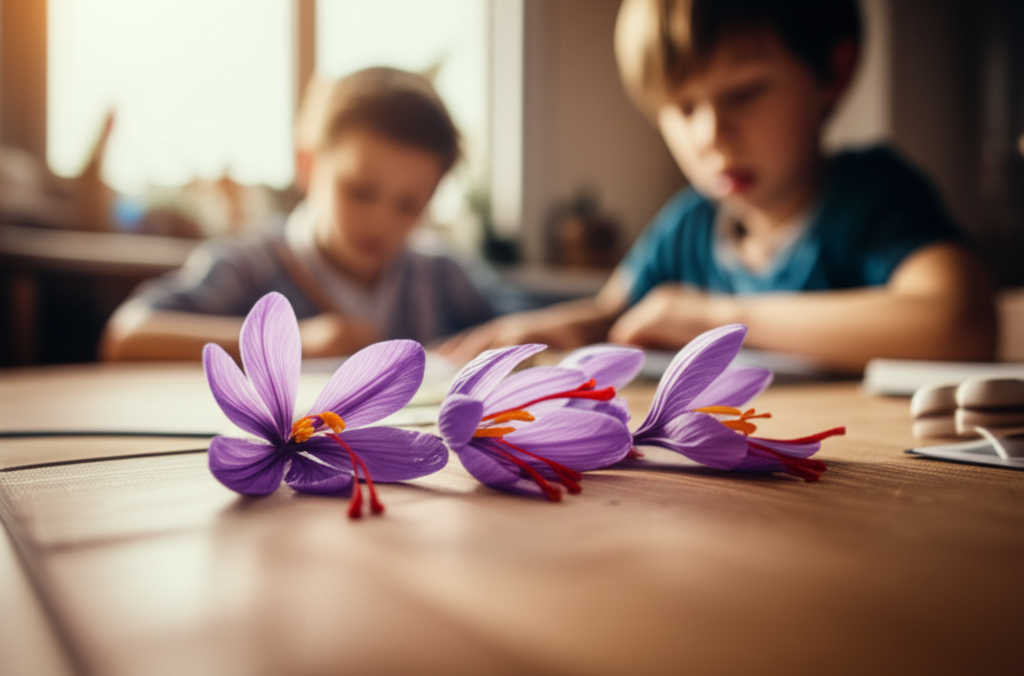 Saffron flowers and a child studying at a table with warm natural lighting