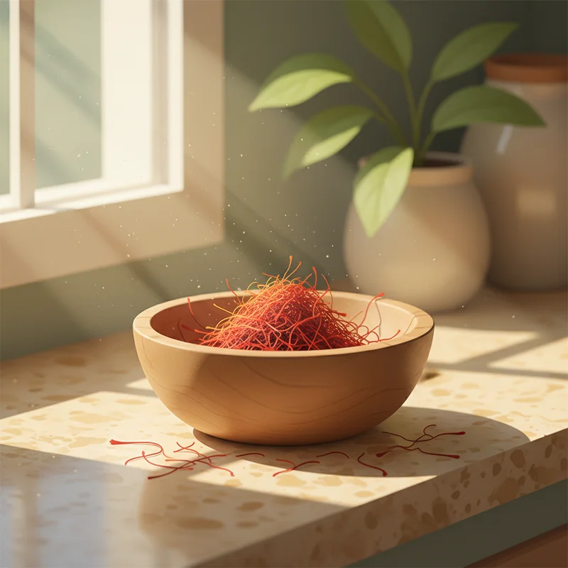 A close-up of saffron threads resting in a small wooden bowl on a warm kitchen countertop, soft natural light coming through a window, no text or branding, intimate and domestic feel.