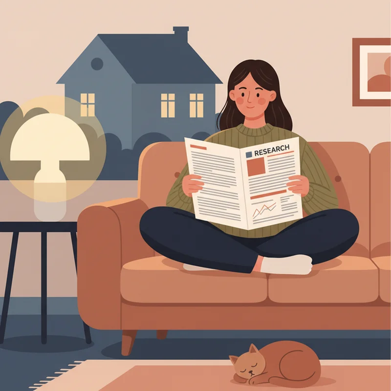 A warm, close-up image of a mother sitting cross-legged on a couch, reading a research paper or printed article, with a soft lamp on beside her and a sleeping house in the background — late evening, thoughtful and calm mood.