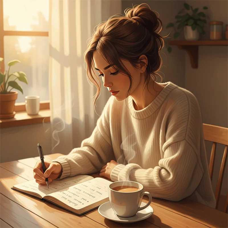 A mother sitting at a kitchen table in warm morning light, writing in a notebook with a half-drunk cup of coffee nearby, looking thoughtful and focused — a quiet moment of a parent doing research and tracking progress, no products visible.