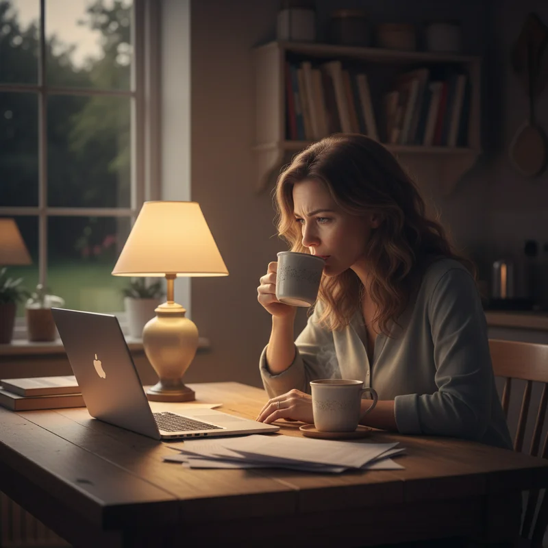 A mother sitting at a kitchen table late at night, reading research on a laptop, a cup of tea beside her, warm lamplight, tired but focused expression — no text, no products, no clinical imagery.