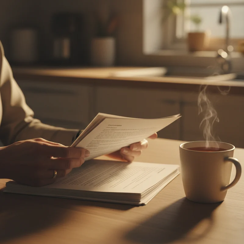 A warm, slightly blurry close-up of a mom's hands holding a printed research paper or journal at a kitchen table late at night, a mug of tea nearby, soft lamplight. No text visible, no product shots, no clinical setting.