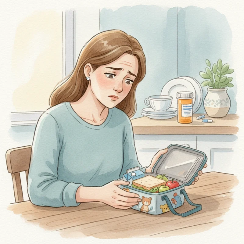 A mother sitting at kitchen table looking concerned while holding a mostly untouched lunch box, with medication bottle visible on counter.