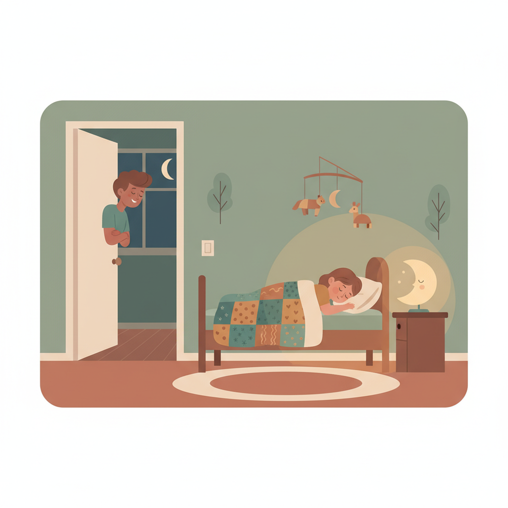 A child peacefully sleeping in bed at night with soft lighting, parent checking on them from doorway with a relieved expression.