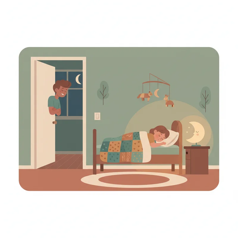 A child peacefully sleeping in bed at night with soft lighting, parent checking on them from doorway with a relieved expression.