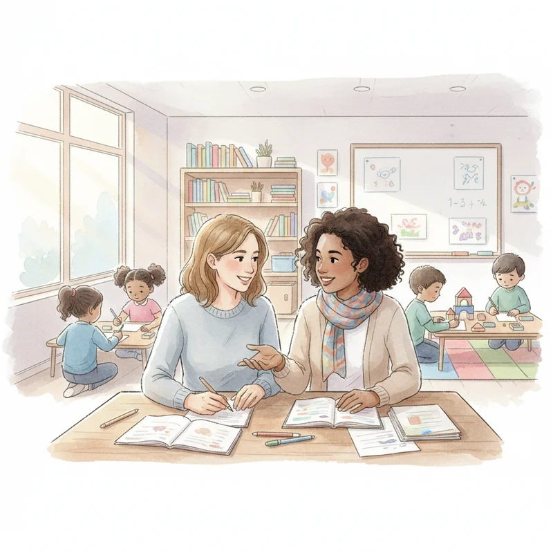 Parent and teacher having a friendly conversation in a bright classroom, reviewing notes together while children work quietly in the background.