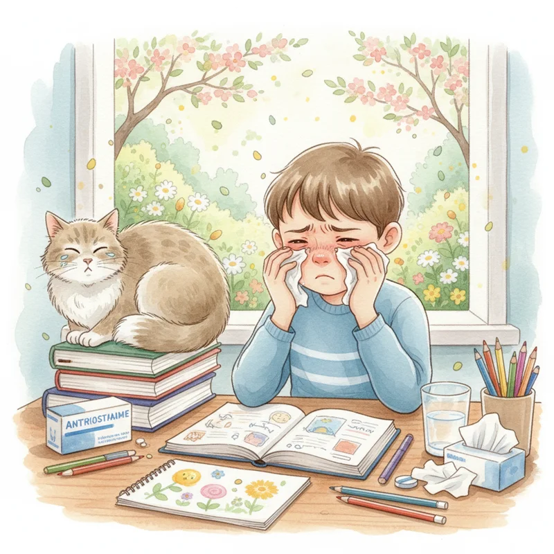 A child sitting at a desk looking frustrated and overwhelmed, rubbing their eyes and nose while trying to focus on schoolwork, with visible signs of seasonal allergies affecting their concentration.