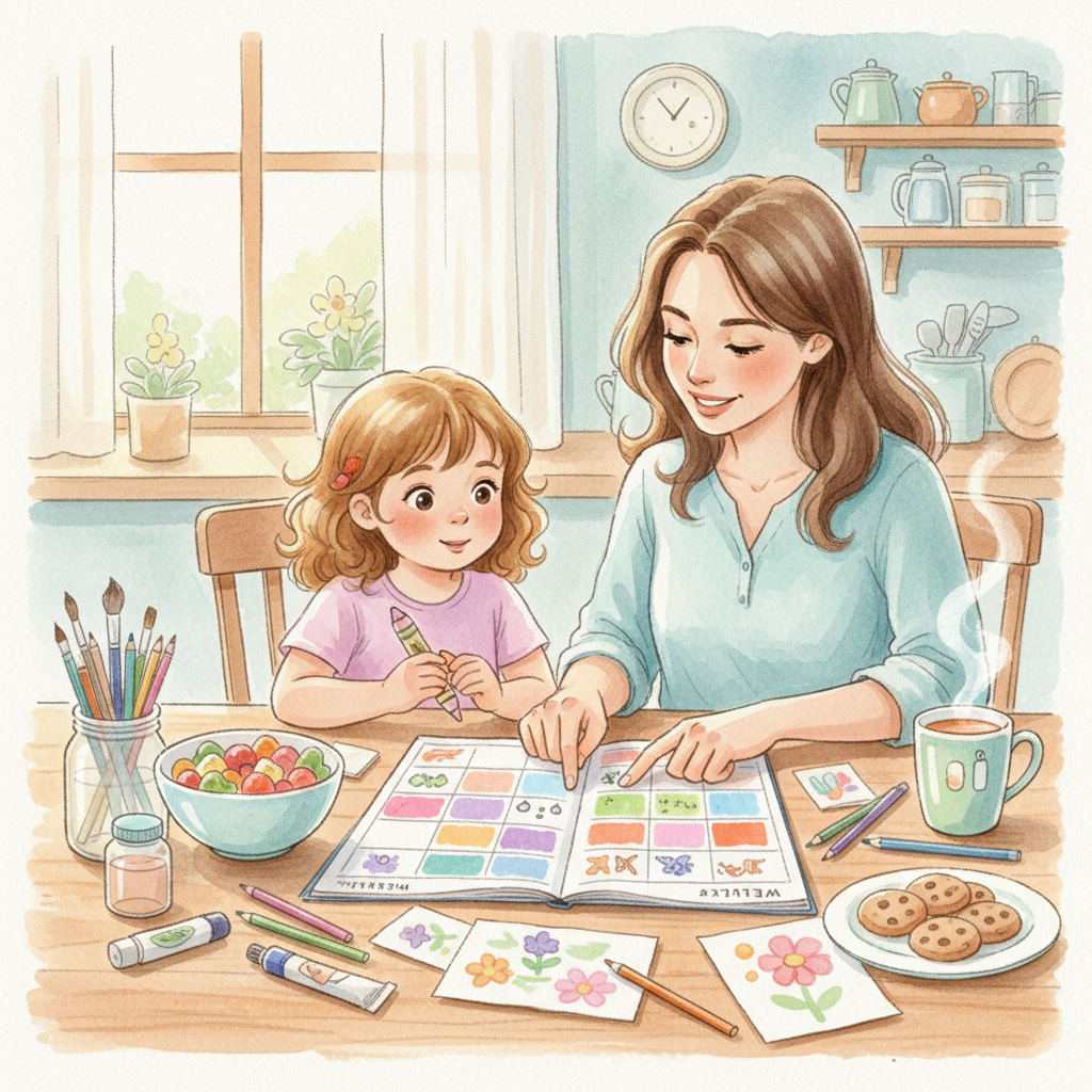 A mother and child sitting at a kitchen table together, looking at a colorful weekly planner or calendar, with art supplies and snacks nearby, warm natural lighting creating a cozy planning moment.