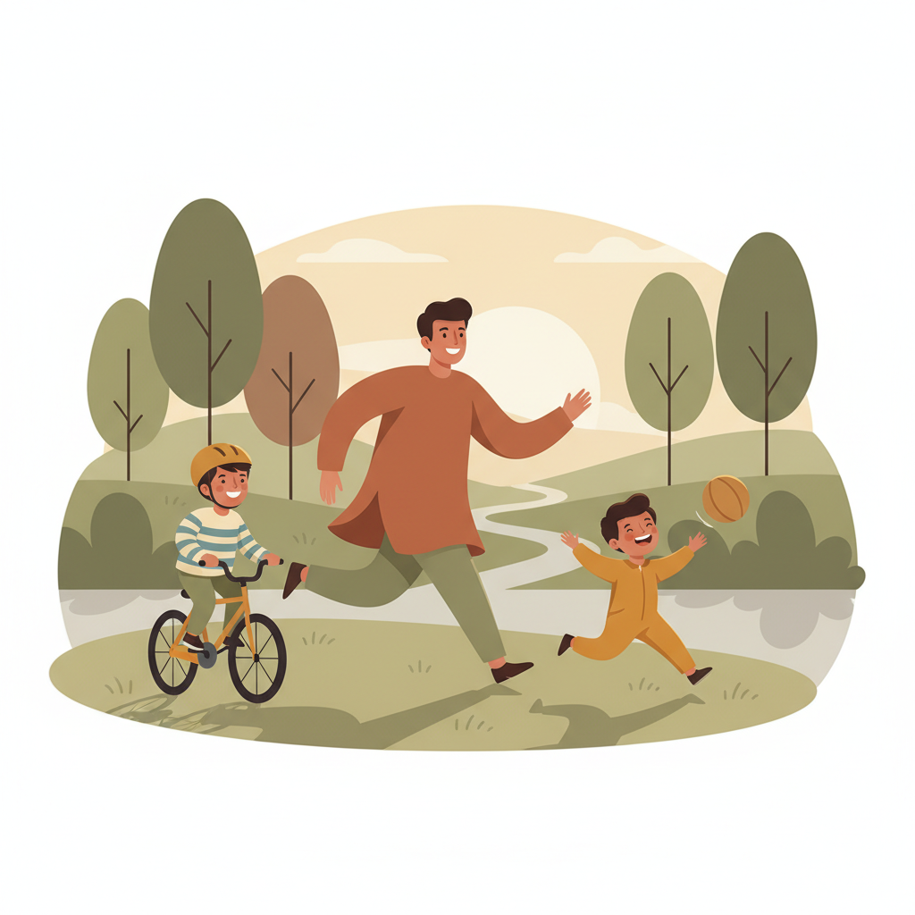 Children and parent engaged in active outdoor play - perhaps running, playing catch, or riding bikes in a park setting, with genuine smiles and natural motion captured in warm afternoon light.