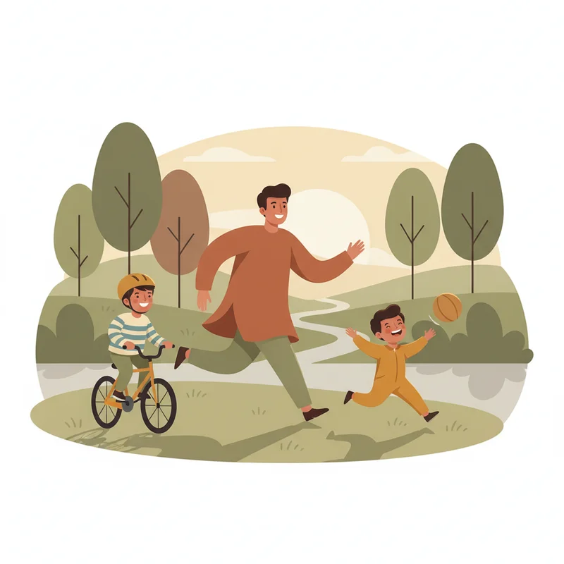 Children and parent engaged in active outdoor play - perhaps running, playing catch, or riding bikes in a park setting, with genuine smiles and natural motion captured in warm afternoon light.