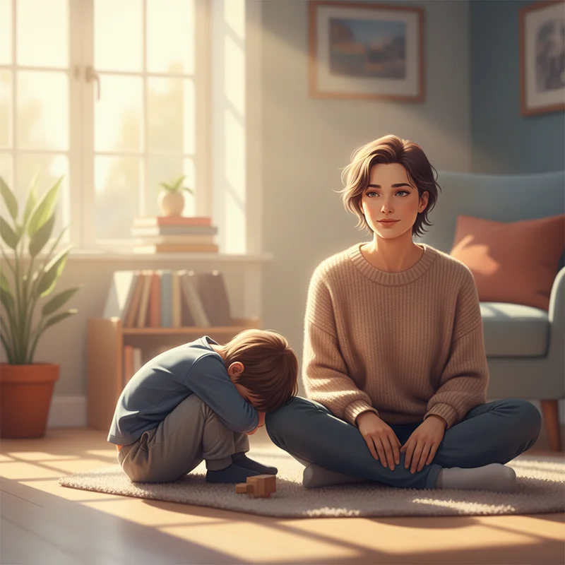 A parent sitting calmly on the floor next to a child who appears distressed, showing quiet presence and support without interaction. The scene conveys patience and understanding in a home setting.