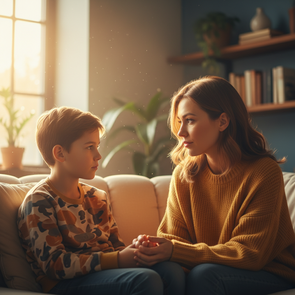Mother and young boy sitting together on a couch having a heart-to-heart conversation, both looking thoughtful, warm natural lighting from window