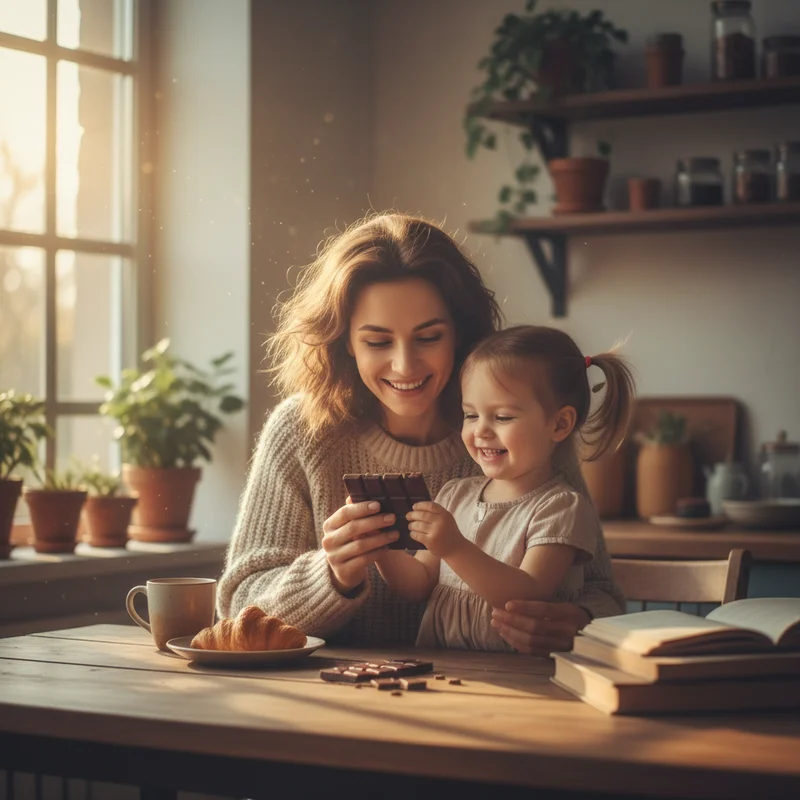 Mother and young daughter sharing dark chocolate squares at kitchen table, both smiling, afternoon light streaming through window, warm and intimate moment.