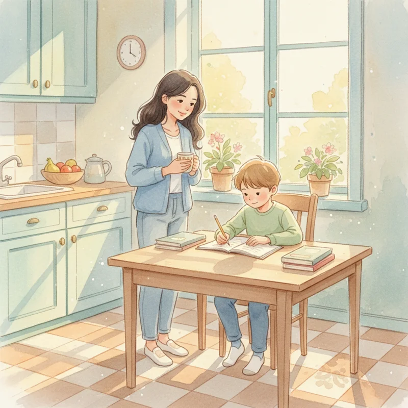 Child sitting calmly at kitchen table doing homework while mother observes nearby, afternoon light streaming through window, peaceful domestic scene.