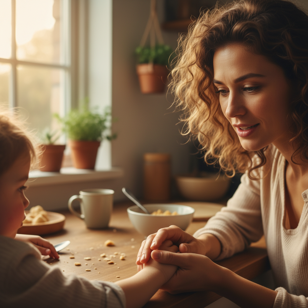 Mother calmly talking with her child - positive ADHD discipline