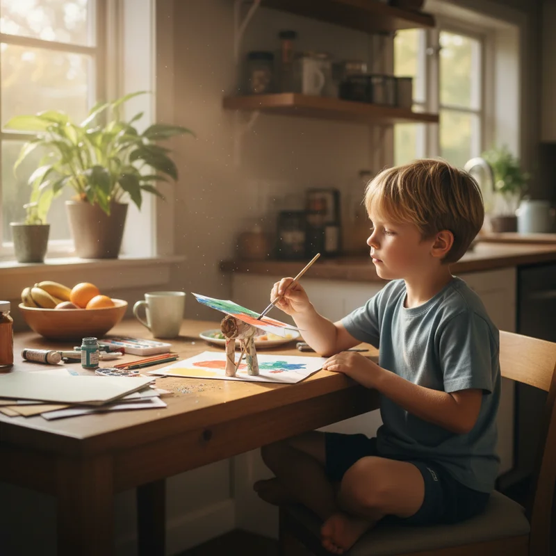 Calm focused child doing art project - ADHD positive behavior